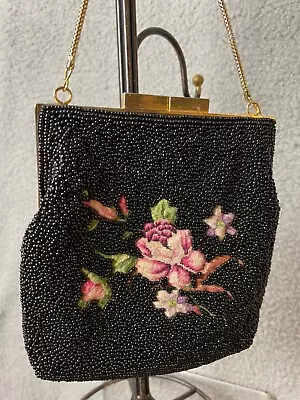 VTG La Regale Black Beaded Petit Point Purse Womens Evening Bag Gold-Tone Frame • $45.87