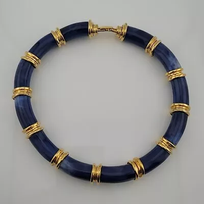 Vtg Chunky Marble Blue Tube Bead And Gold Tone Accent 16  Choker Necklace • $18.99