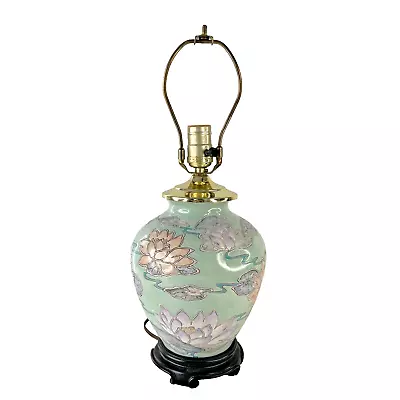 VTG Asian Table Lamp Floral Water Lilies Embossed Porcelain Hand Painted • $129.99