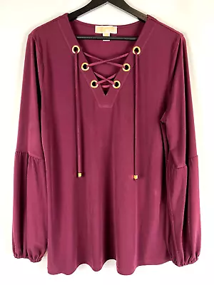 Michael Kors Burgundy Gold Lace Front L/S Side Slit Peasant Tunic Blouse Large L • $11.20