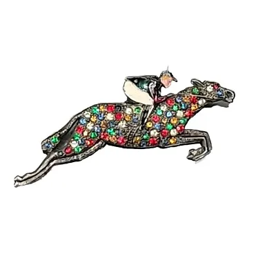 Vintage Race Horse Jockey Derby Figural Pin Brooch Multi Color Rhinestone Enamel • £20.57