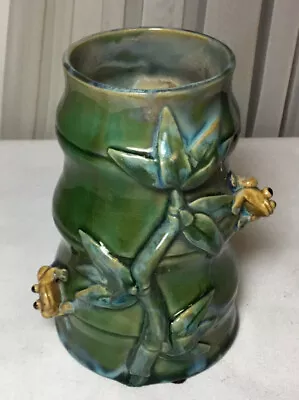 Vintage Majolica Pottery Green Bamboo And Frogs Art Vase With Signed • $34.99