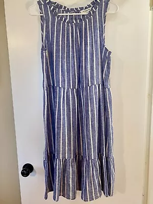 Beach Lunch Lounge Saison Blue White Striped Linen Cotton Dress SZ S Sleeveless • $30