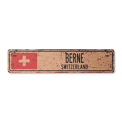 BERNE SWITZERLAND Vintage Street Sign Swiss Flag City Country Road Wall Rustic • $13.99