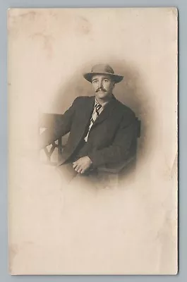 Handsome Mustache Man RPPC St. Louis MO Antique Studio Photo—Neck Tie—Hat 1907 • $12.99