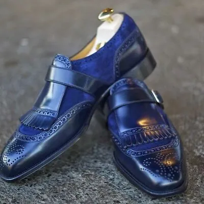 Mens Handmade Shoes Elegant Navy Blue Suede Leather Brogue Monk Tassels Formal • £139.99