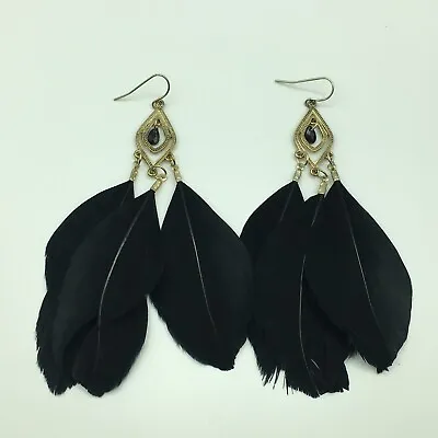 Black Feather Earrings Statement Chandelier Dangle Drop Pierced Retro Gothic • £8
