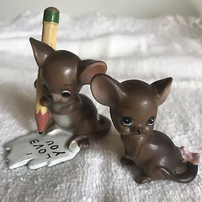 2 VTG JOSEF ORIGINALS MOUSE FIGURINES PENCIL WRITING I LOVE YOU PINK BOW On TAIL • $19.99