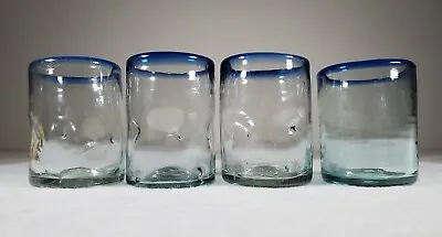 Mexican Hand Blown Glasses Blue Rim With Bubbles & Indentations Set Of 4 READ • $36