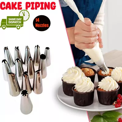 Silicone Bags Icing Piping Cream Pastry Cake Decorating 14 Pcs Set Steel Nozzles • £2.99