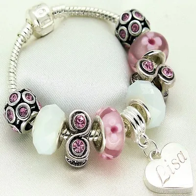 Personalised Charm Bracelet Pink White Beads ENGRAVED Birthday Gifts UK Freepost • £10.99