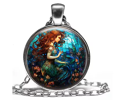 Magical Mermaid Sea Life Lover Gift Pendant Necklace 24  Chain Glass Top • $14.95