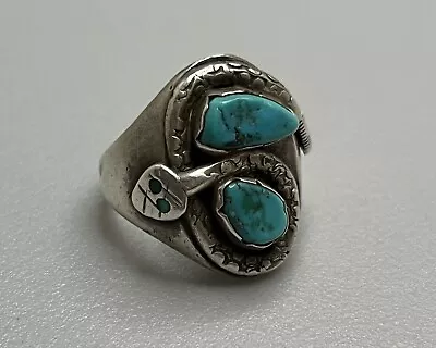 Vintage Navajo Victor Chavez Sterling Silver & Turquoise Snake Ring S11  17.5g • $69