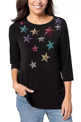 Quacker Factory Sequin Splash 3/4 Sleeve Trapeze Top Stars • $29.99