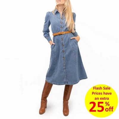 £23.21 • Buy M&S Denim Dress Blue Holly Willoughby Womens Belted Midi Shirt Puff Long Sleeve