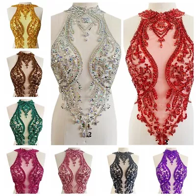 Handmade Rhinestones Lace Applique Handsewing Beads Trim Patches Dress • $59