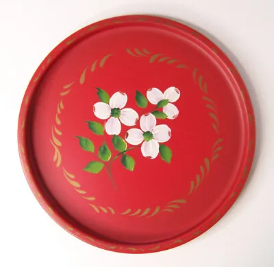 Vintage Red Serving Tray Toleware Floral Hand Painted Round Nashco Products  • $19.89