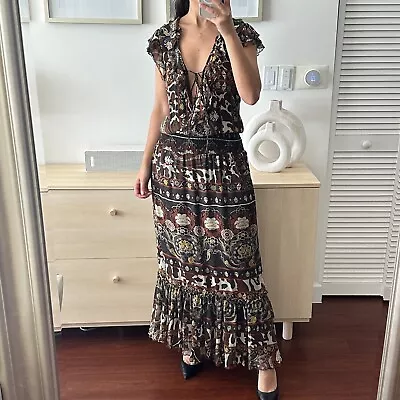 Vintage Silk Maxi Dress Womens Small Paisley Floral Boho Gypsy Drop Waist Tiered • $69.99