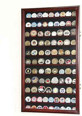 90 Challenge Coin Display Case Cherry Medal Military Cabinet Wood Shadow Box USA • $143.27