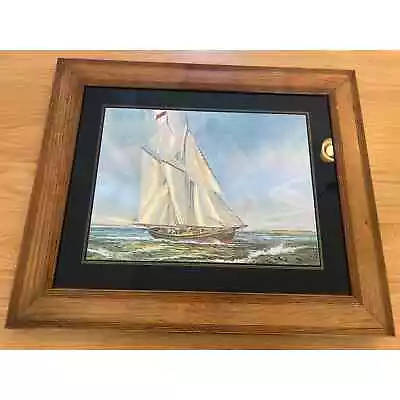 Vintage Framed Foil Art Picture  Nautical Sailboat At Sea Wood Frame  21”x 24” • $40