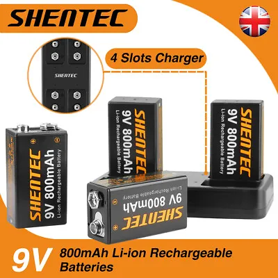 4x 800mAh 9V Block PP3 6F22 1604 Li-ion Rechargeable Battery 4-Slot Fast Charger • £19.95