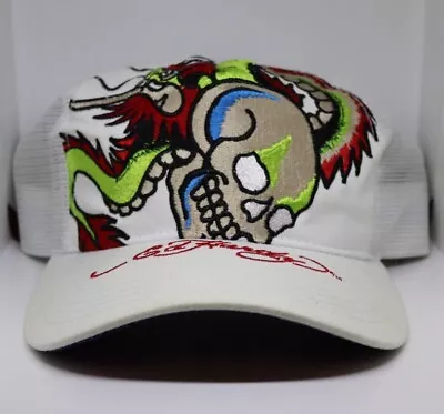 Vintage Ed Hardy Christian Audigier Skull & Dragon White Adjustable Trucker Cap • £29.99