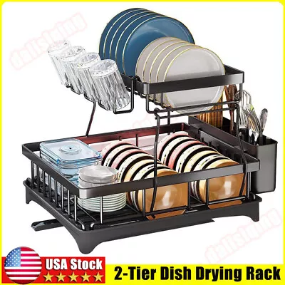 2 Tier Dish Drainer Drying Rack With Cup Holder Cutlery Tray Kitchen Organiser • $27.99