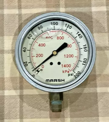 Vintage Marsh Psi. 200 KPa 1400 Pressure Gauge # 096626 W/ Liquid 4  Across Face • $14.98