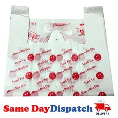 £7.99 • Buy Strong Plastic Vest Carrier Bags Smily Face Thank You Print Large Jumbo 21Micron