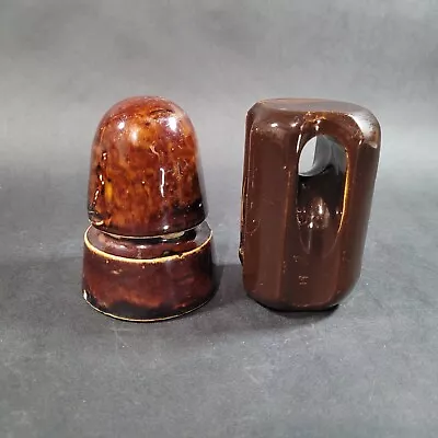 Vintage PORCELAIN Ceramic BROWN INSULATOR Fluted Slotted And Regular Lot Of 2 • $19.97