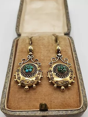 Stunning BOXED Victorian 15ct Gold Turquoise Drop Earrings 3.6CM • £465.95