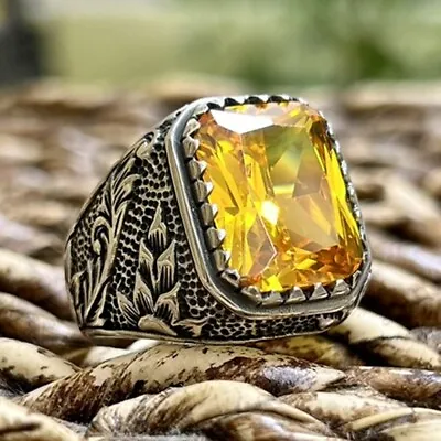925 Sterling Silver Turkish Handmade Jewelry Citrine Men's Ring All Size • $49