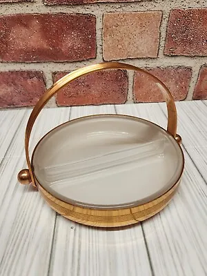 Vintage Copper Divided Glass Dish Nut Candy W Handle By Chase USA Art Deco MCM • $25