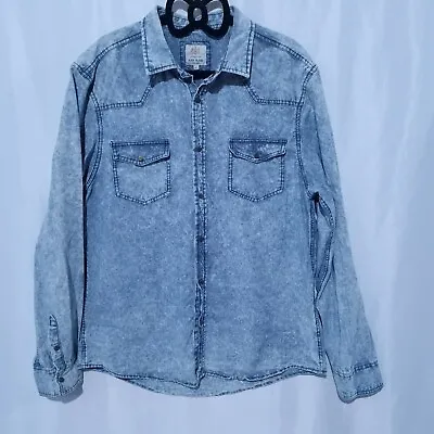 River Island Acid Wash Blue Mens Denim Long Sleeved Shirt - UK Size L Mark Front • £15