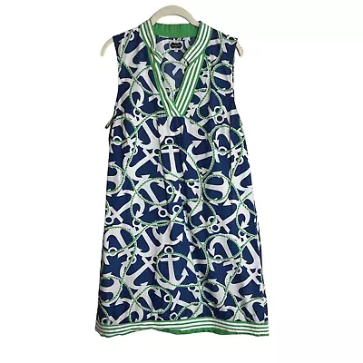 Mudpie Womens Sleeveless Dress Large Blue Green Nautical Print Cotton Flaw • $14.98