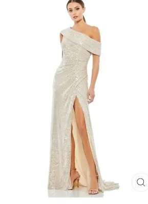 Ieena Mac Duggal Sz 8 Nude Sequin One Shoulder Gown Dress Thigh High Slit Prom • $123.67