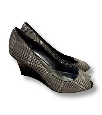 Ellen Tracy Plaid Wedge Heels Open Toe • $19.28