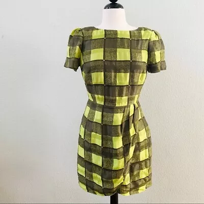 FROCK By Tracy Reese Neon Green Black Plaid Checkered Retro Wiggle Dress Women 8 • £48.91