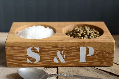 Large Eco-friendly Hardwood Salt And Pepper Pinch Pots With White S & P Stencil • £18.99