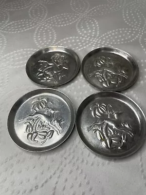 Mid Century Raised Relief Leaping Deer Aluminum Coasters Set Of 4 Vintage • $10.99