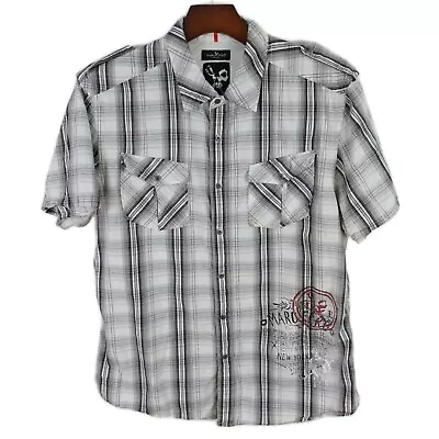 Marc Ecko Mens Cotton SS Button Up Black Taupe Gray Plaid Dress Shirt Size XL • $11