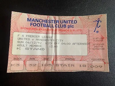 1992 Eric Cantona Manchester United Debut V City Premier League Ticket 6.12.92 • £50