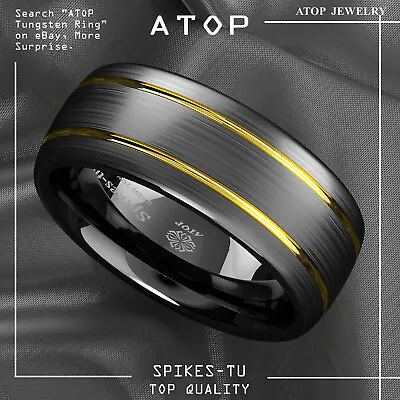 8mm Tungsten Ring Black Brushed Dome 18k Gold Wedding Band ATOP Mens Jewelry • $15.99