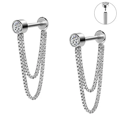 16G Stainless Steel Stud Earrings With Chain Crystal Cartilage Earrings Jewelry • $4.99