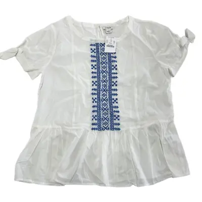 J.Crew Shirt Womens 2 White Blue Embroidered Short Sleeve Tiered Top Cotton • $11.99