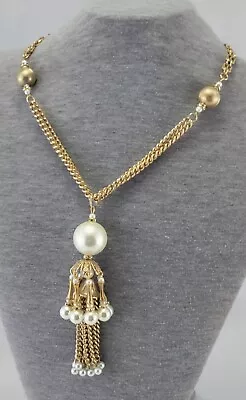 Vintage Signed Monet Gold Tone Necklace W/Faux Pearl Tassel Pendant • $29.99