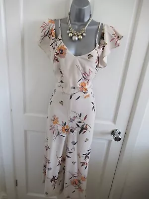 Lovely M&S Nude/multi Floral Wide Leg Palazzo Ruffle Sleeve Jumpsuit 12 Summer • £14.99