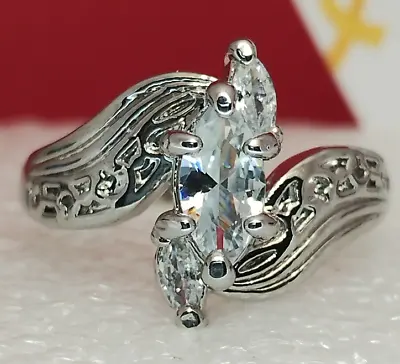 Size K-L. Woman Silver Wave Ring. Marquise Cut Moissanite & Beryl Simulated • $17.67