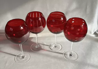 Mikasa “Cheers” Balloon Goblet Wine Glasses (4) Red 24 Fl Oz Four Etched Designs • $59.90