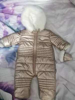 River Island Baby Girl Rose Gold Quilt Snowsuit Pramsuit 3-6 Months Baby Coat • £18.60